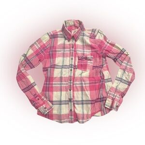 Women’s Hollister Pink and Off White Plaid Button Down Shirt Size M